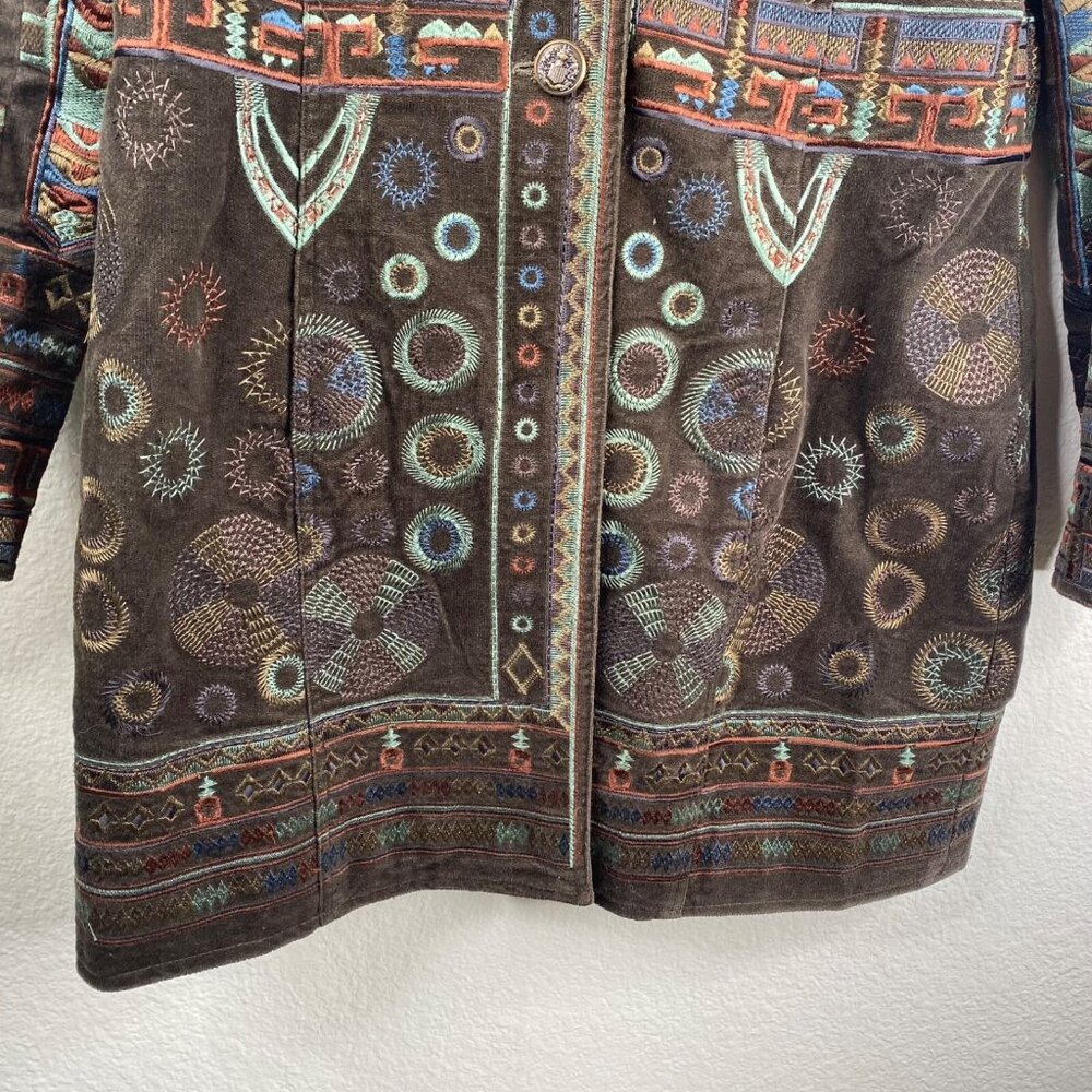Pamela McCoy Coat Women's Brown Sz M Embroidered Studded Boho Ecletic Mid Length - Picture 6 of 16
